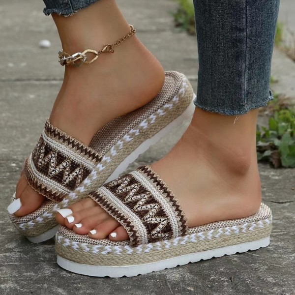 Women Fashion Plus Size Bohemian Ethnic Wind Rope Woven Thick-Soled Slippers