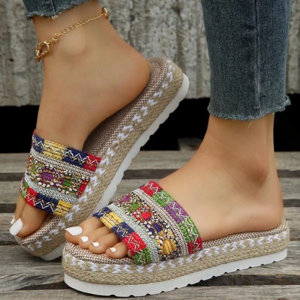 Women Fashion Plus Size Bohemian Ethnic Wind Rope Woven Thick-Soled Slippers