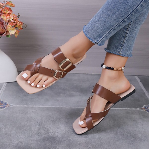 Women Casual Plus Size Toe Flat Slippers With Metal Buckle