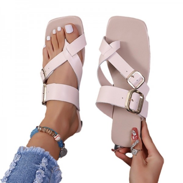 Women Casual Plus Size Toe Flat Slippers With Metal Buckle