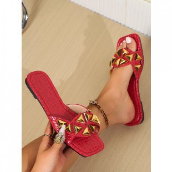 Women Fashion Plus Size Rivet Square Toe Flat Slippers