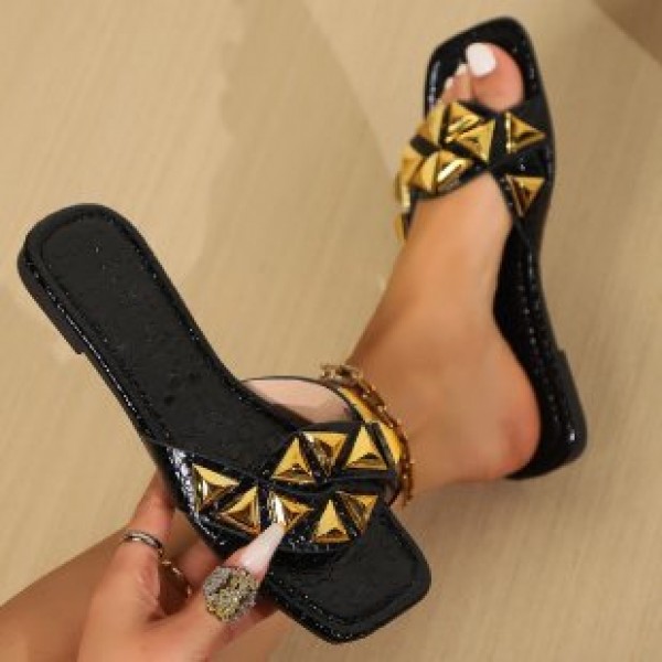 Women Fashion Plus Size Rivet Square Toe Flat Slippers