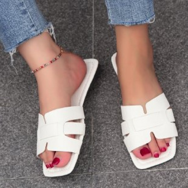 Women Casual Solid Color Plus Size Leather Patchwork Square Toe Flat Slippers