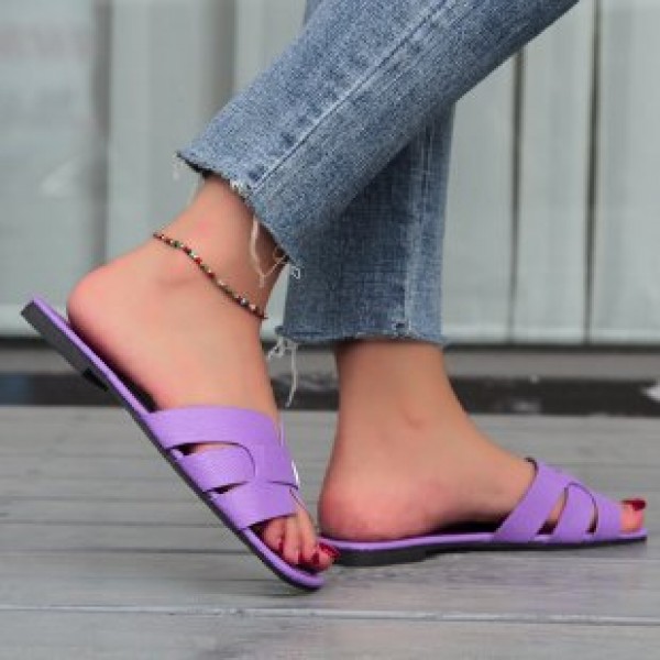 Women Casual Solid Color Plus Size Leather Patchwork Square Toe Flat Slippers