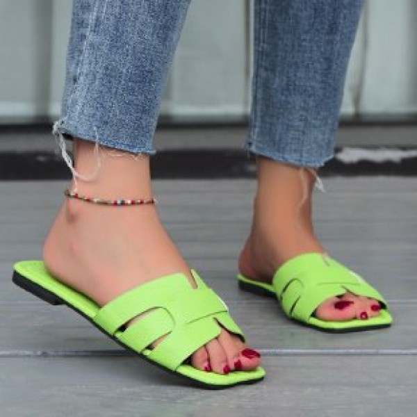 Women Casual Solid Color Plus Size Leather Patchwork Square Toe Flat Slippers