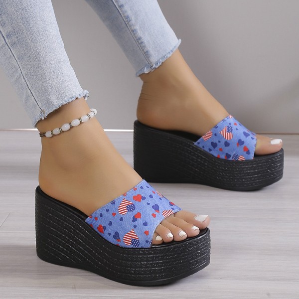 Summer Women Fashion Plus Size Heart-Shaped Painted Platform Wedge Heel Slippers