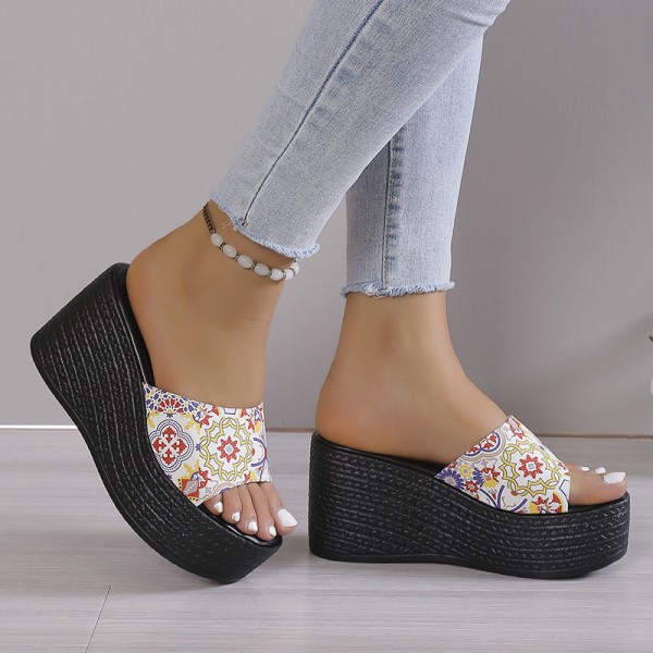 Summer Women Fashion Plus Size Heart-Shaped Painted Platform Wedge Heel Slippers