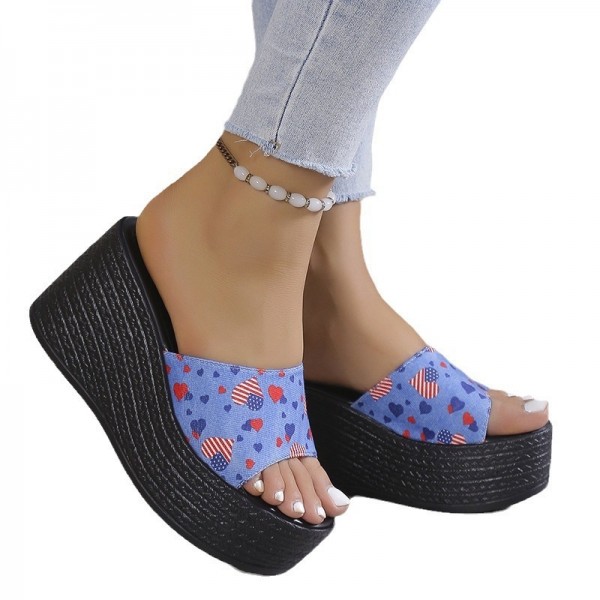 Summer Women Fashion Plus Size Heart-Shaped Painted Platform Wedge Heel Slippers