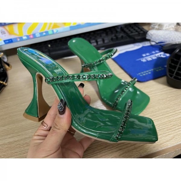 Summer Women Fashion Plus Size Square Toe Rhinestone High Heel Slippers