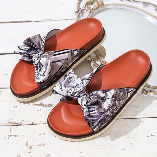 Summer Women Fashion Plus Size Bow Printed Round Toe Flat Slippers