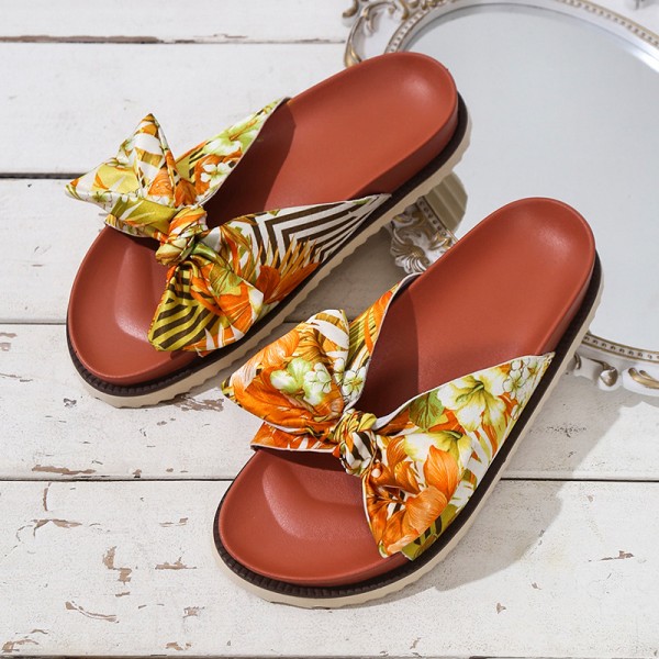 Summer Women Fashion Plus Size Bow Printed Round Toe Flat Slippers