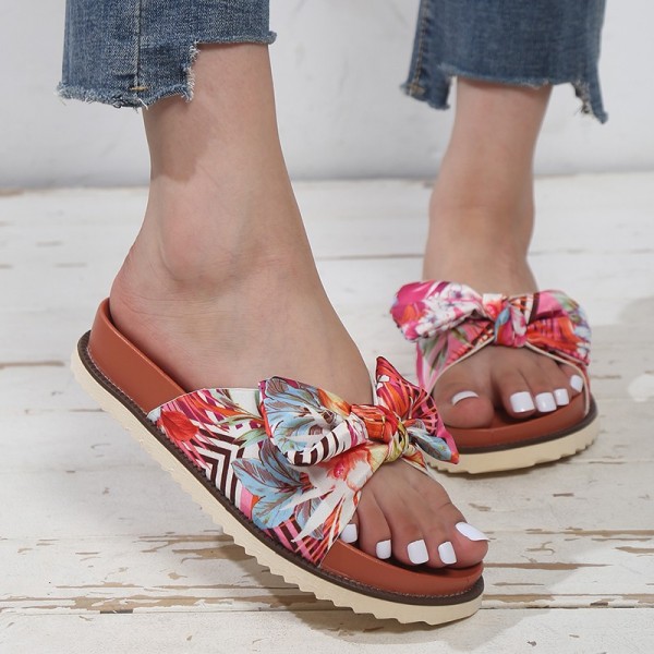 Summer Women Fashion Plus Size Bow Printed Round Toe Flat Slippers