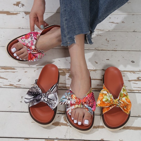 Summer Women Fashion Plus Size Bow Printed Round Toe Flat Slippers