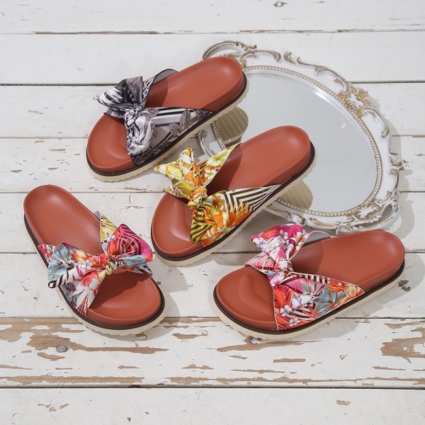 Summer Women Fashion Plus Size Bow Printed Round Toe Flat Slippers