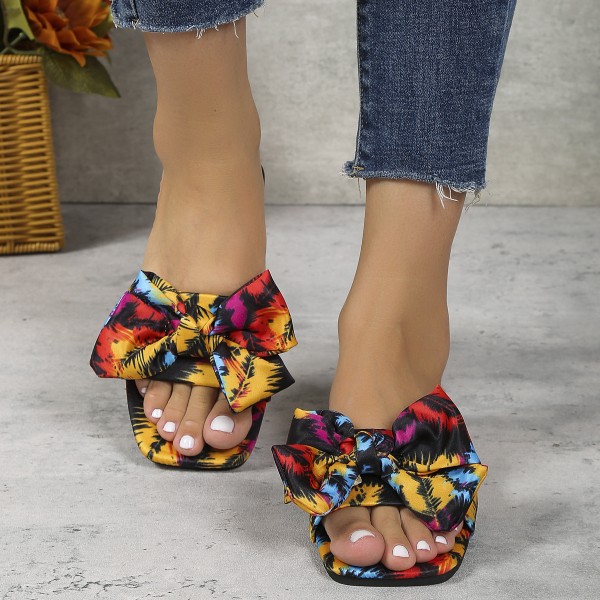 Summer Women Fashion Casual Plus Size Printed Bow Square Toe Flat Slippers