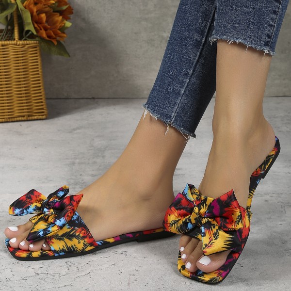 Summer Women Fashion Casual Plus Size Printed Bow Square Toe Flat Slippers