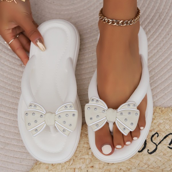 Women Summer Bow Knot Flat Flip Flops Casual Soft Sole Comfortable Beach Slippers