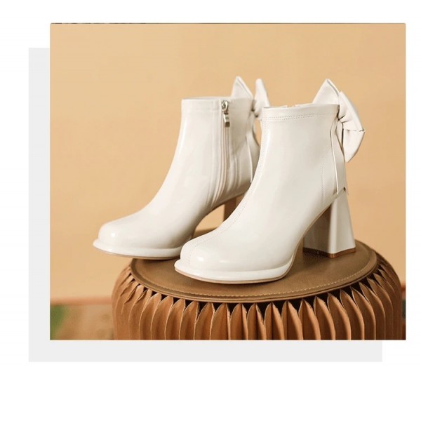 Women Fashion British Style Side Zipper Heel Bow Chunky Heel Short Boots