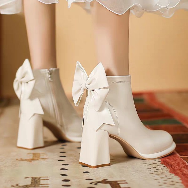 Women Fashion British Style Side Zipper Heel Bow Chunky Heel Short Boots