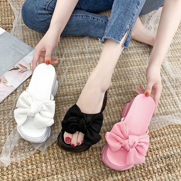 Summer Women Fashion Casual Bow Round Toe Thick-Soled Slippers