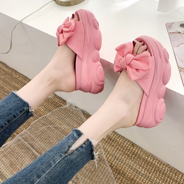 Summer Women Fashion Casual Bow Round Toe Thick-Soled Slippers