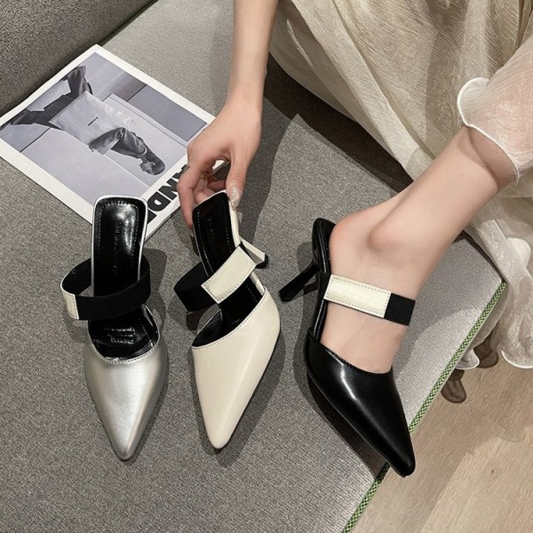 Summer Women Fashionable Plus Size Solid Color Pointed Toe Heel Hollow High Heel Slippers