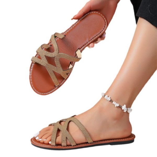 Summer Women Fashion Plus Size Hollow Rhinestone Round Toe Flat Slippers